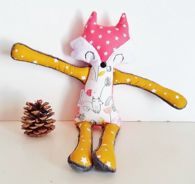 doudou "patte" renard -" corail et moutarde