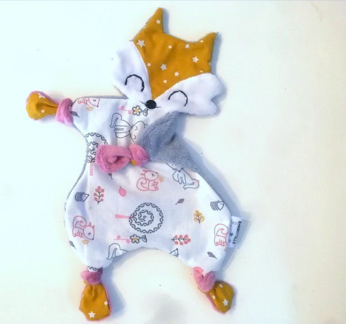 Doudou renard gris-jaune-rose