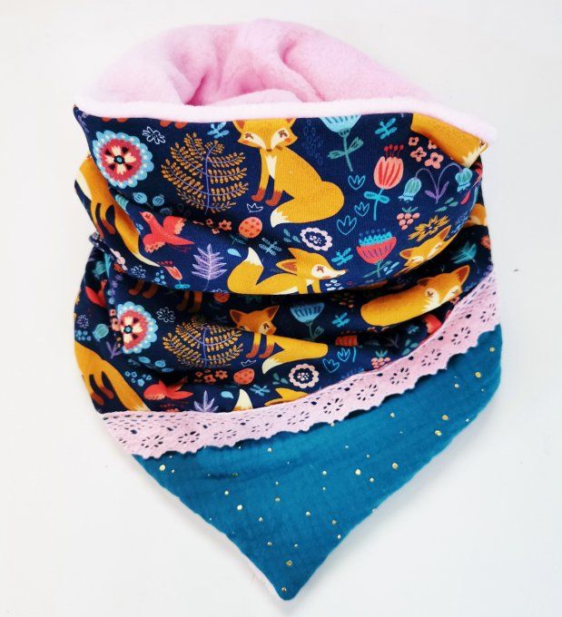 Snood XXL renard bleu et rose