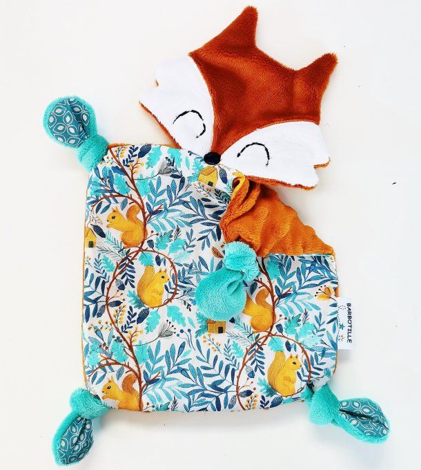 Doudou renard roux et turquoise