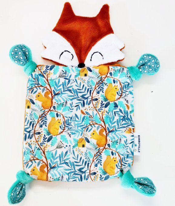 Doudou renard roux et turquoise