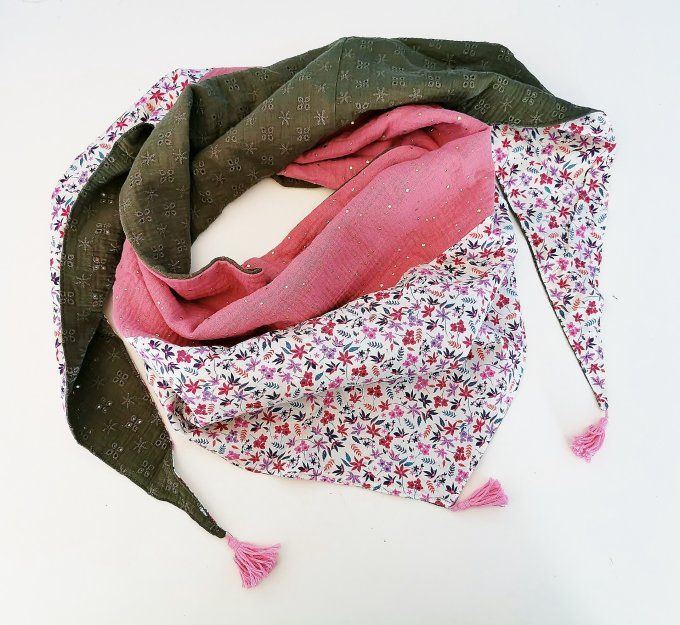 Chèche adulte kaki/rose