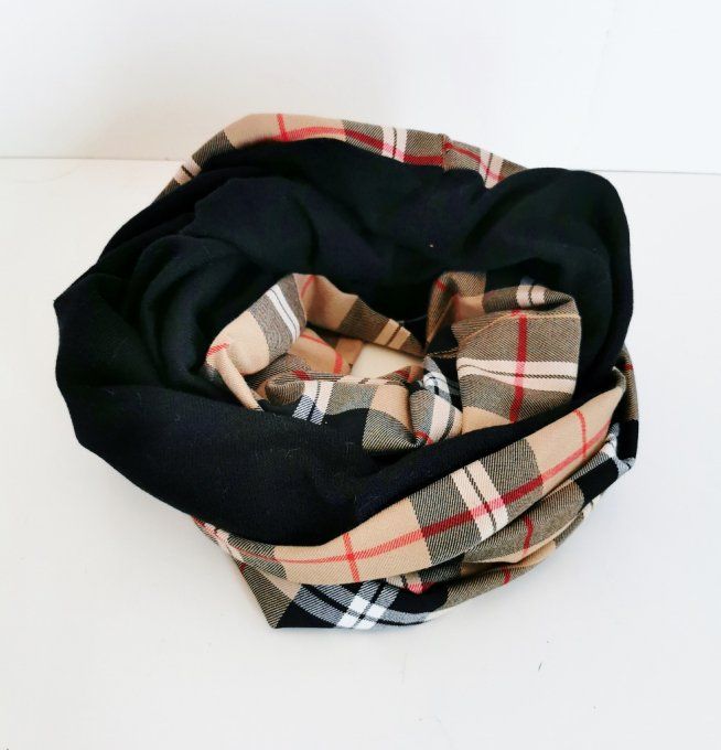 snood double tartan beige foncé et noir