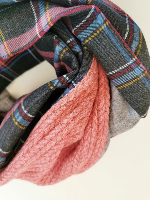 snood double tartan gris et rose