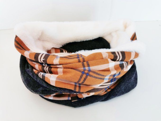 snood double moumoute tartan camel et gris