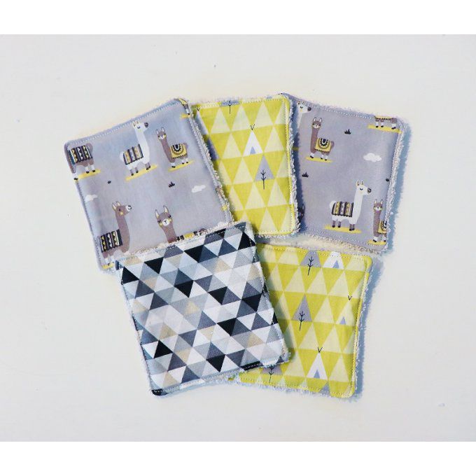 Lingettes lavables coton "lama" gris jaune